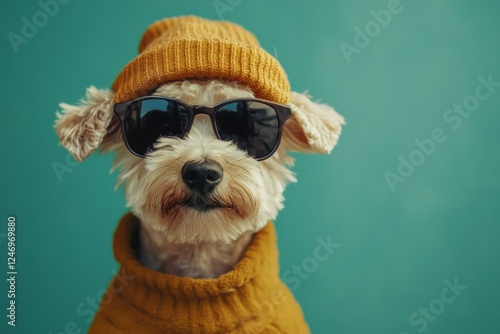 Puppy wearing sunglasses, blue turtleneck sweater, and a yellow beanie in a studio setting
