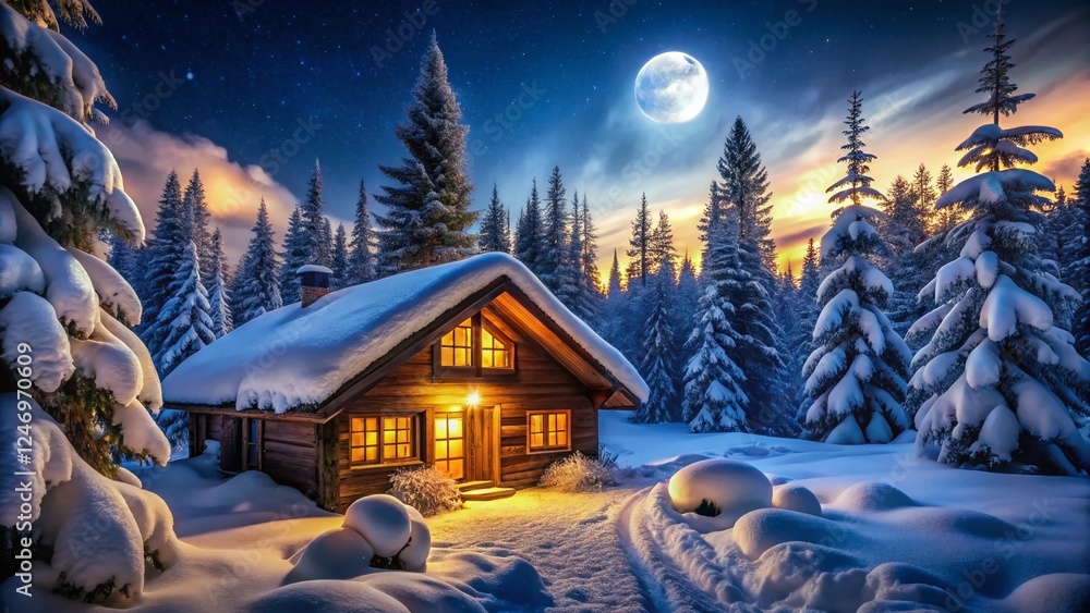 Fototapeta premium Serene Winter Cabin Moonlight: Cozy Snow Covered Log Cabin Portrait