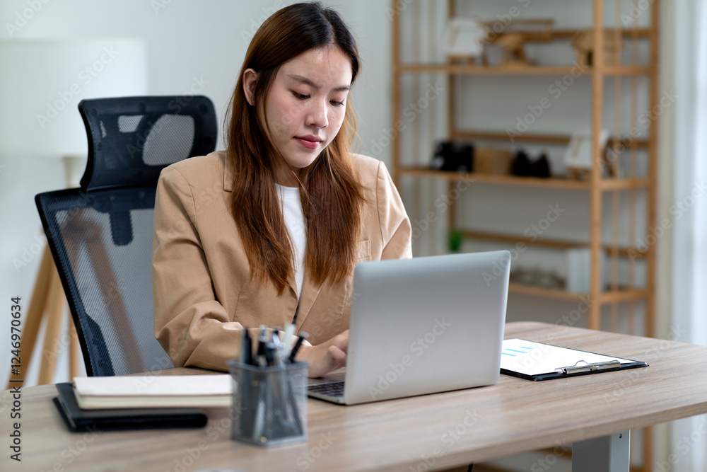 Young business woman is searching for information on the Internet Young business woman is searching for information on the Internet
