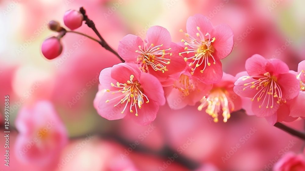 Fototapeta premium Exquisite Closeup of Pink Cherry Blossom Branch with Soft Natural Background : Generative AI