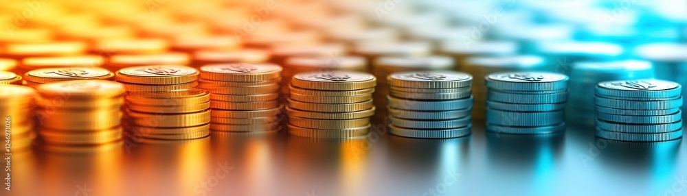 A vibrant arrangement of stacks of coins illuminated in warm and cool tones, representing wealth, finance, and investment. A vibrant arrangement of stacks of coins illuminated in warm and cool tones, representing wealth, finance, and investment.