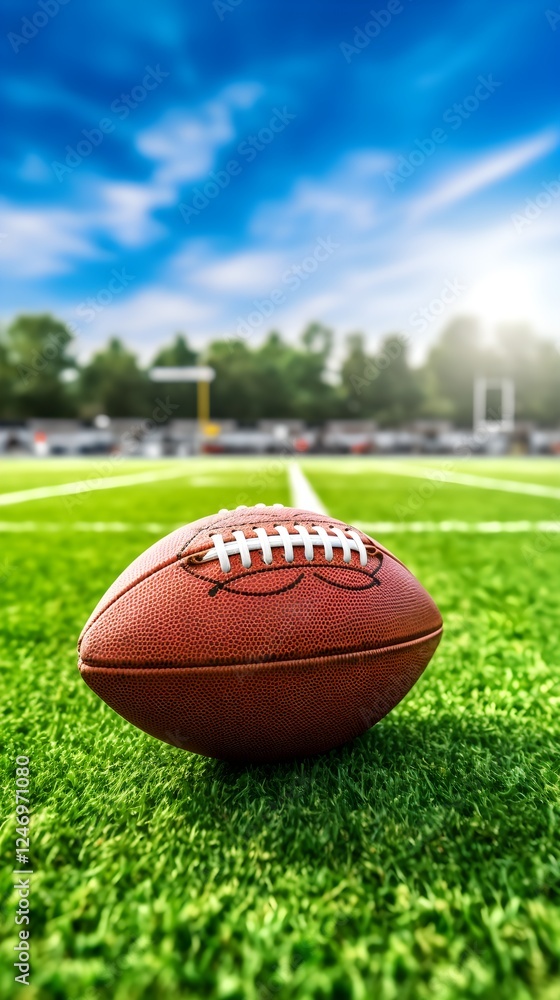 American Football on Green Grass Field with Blue Sky Background American Football on Green Grass Field with Blue Sky Background