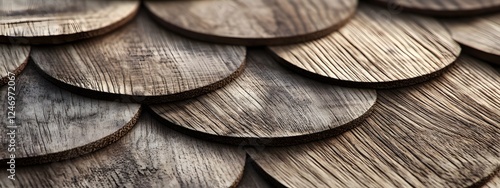 An up-close photograph of a shingled roof made of wood
