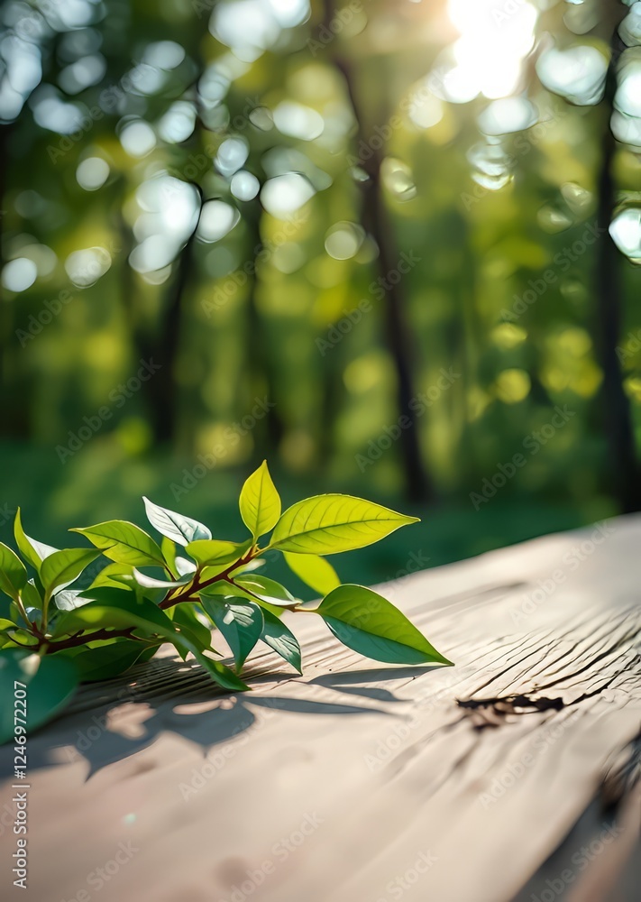 Bright green leaves with bokeh background on wooden surface in a serene outdoor setting bokeh green bokeh green abstract background light bright blur pattern