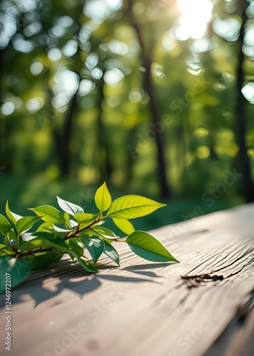 Bright green leaves with bokeh background on wooden surface in a serene outdoor setting bokeh green bokeh green abstract background light bright blur pattern