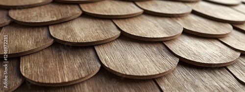 An up-close photograph of a shingled roof made of wood
