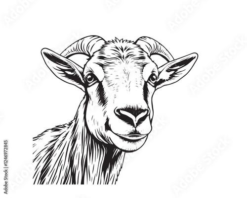 Line art illustration, black and white, strong hard light, clear background, simple goat design, vector