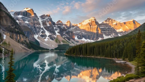 Towering, snow-capped mountains dominate the horizon while a serene lake mirrors their grandeur, surrounded by lush evergreen forests and bathed in warm golden light
