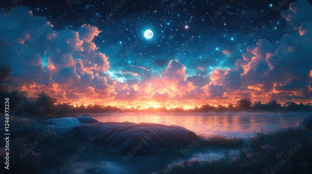 Fototapeta premium A serene lakeside scene at twilight, featuring vibrant clouds and a starry sky.