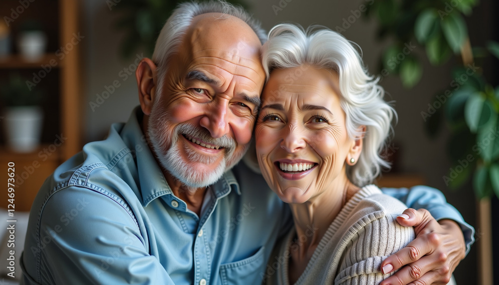 Elderly couple embracing joyfully at home, deep affection Elderly couple embracing joyfully at home, deep affection
