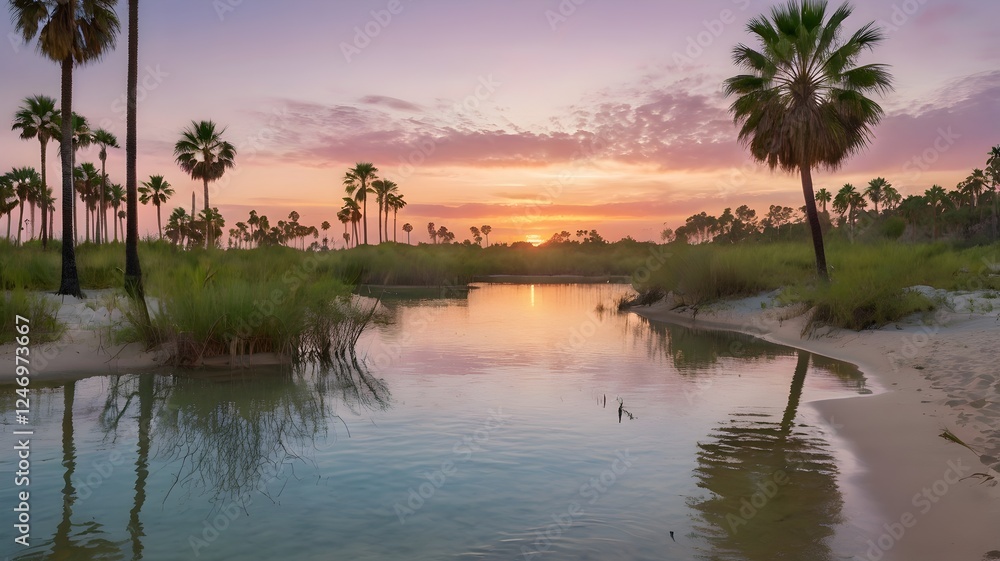 A hidden lagoon shimmers in the heart of golden dunes, surrounded by tall palm trees. The crystal-clear water reflects the soft pastel hues of the sunset sky A hidden lagoon shimmers in the heart of golden dunes, surrounded by tall palm trees. The crystal-clear water reflects the soft pastel hues of the sunset sky
