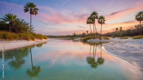 Wallpaper Mural A hidden lagoon shimmers in the heart of golden dunes, surrounded by tall palm trees. The crystal-clear water reflects the soft pastel hues of the sunset sky Torontodigital.ca