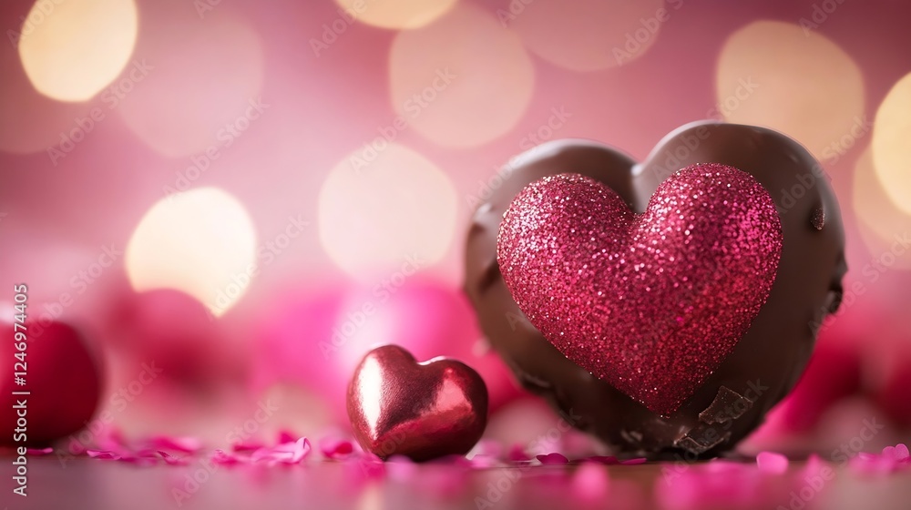 Valentines Day Romantic Heart Shaped Chocolates with Glitter in Focus : Generative AI Valentines Day Romantic Heart Shaped Chocolates with Glitter in Focus : Generative AI