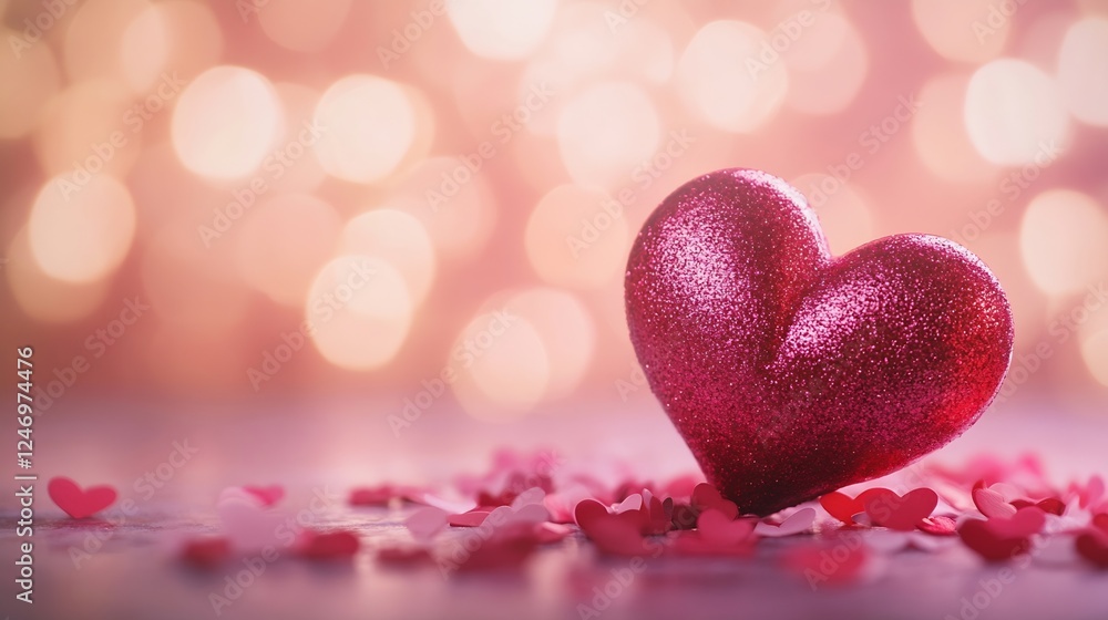 Obraz premium Romantic Glitter Heart and Confetti with Warm Bokeh Background Capturing Love Essence : Generative AI