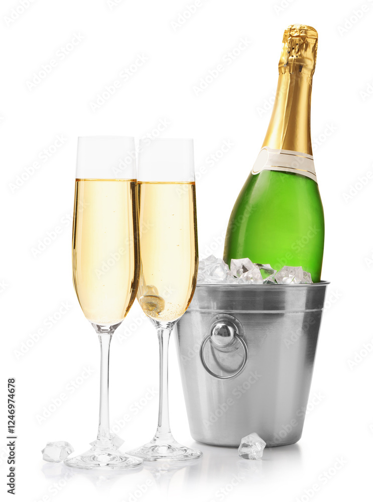 Champagne and bucket with ice isolated on white Champagne and bucket with ice isolated on white