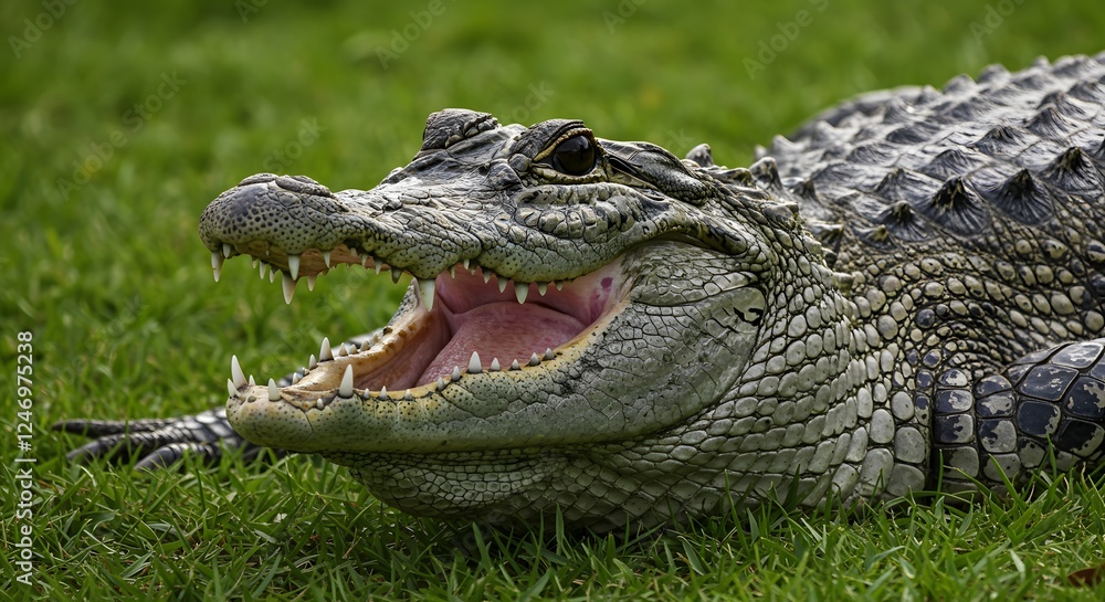 Fototapeta premium Majestic Crocodile Basking in the Sun on Lush Green Grass