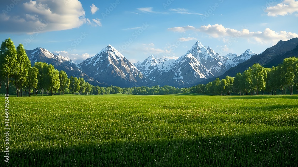 Fototapeta premium Lush Green Meadow with Snow Capped Mountains and Blue Sky