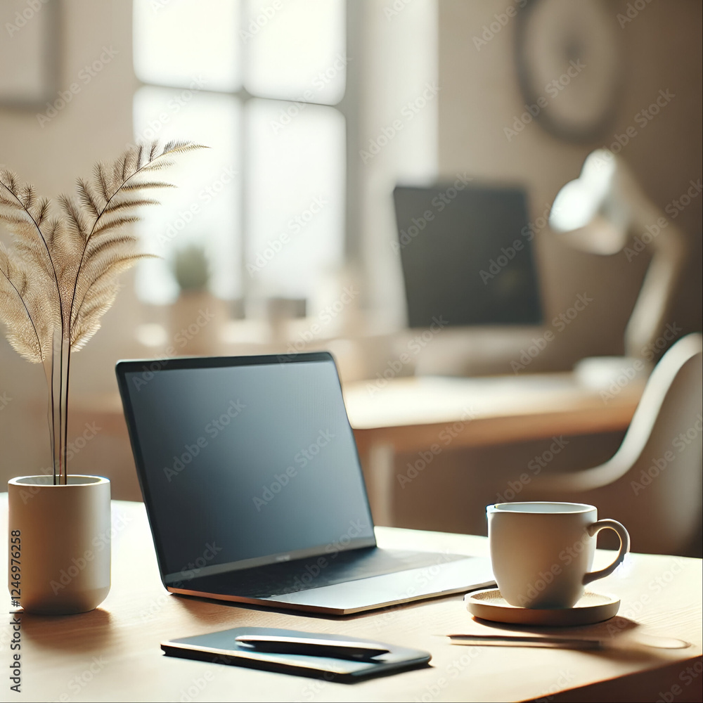 Minimalist Workspace with Laptop and Coffee Minimalist Workspace with Laptop and Coffee