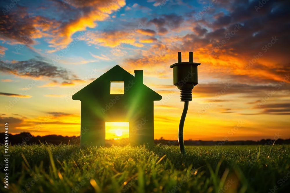 Fototapeta premium Silhouette of Green Energy House with Power Plug at Sunset