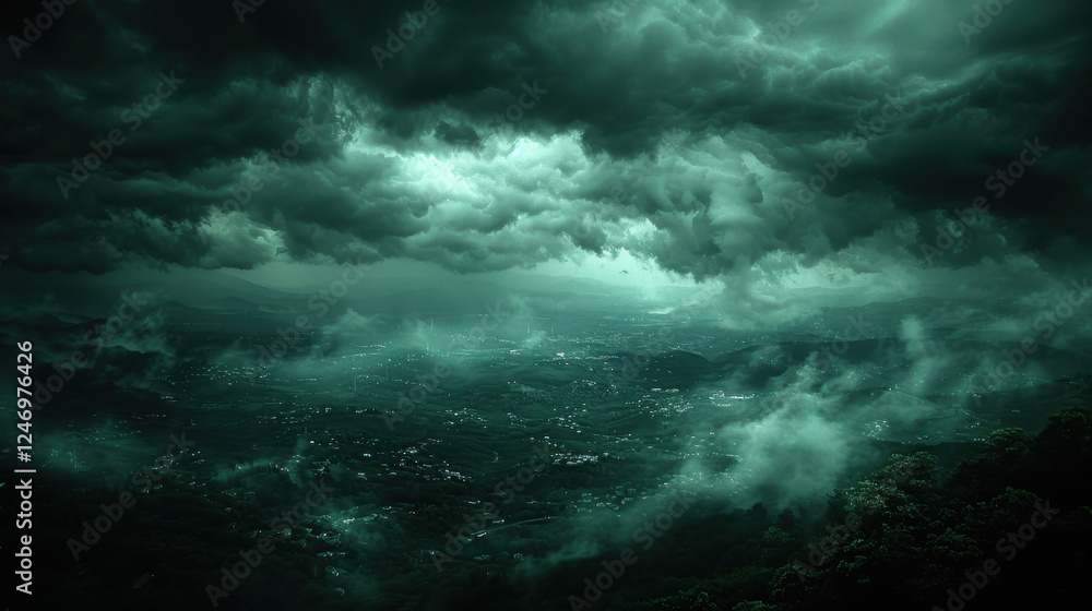 Obraz premium Dramatic storm clouds loom over misty valley, creating eerie atmosphere. dark sky casts shadows, enhancing sense of foreboding