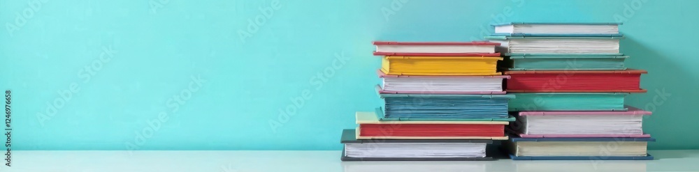 A rainbow of folders in a neat stack against a soft blue wall, organization, organized space A rainbow of folders in a neat stack against a soft blue wall, organization, organized space