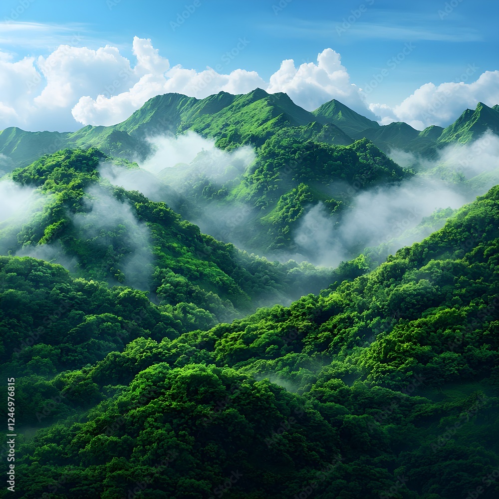 Obraz premium Lush Green Mountains Enveloped in Fog Under a Cloudy Sky