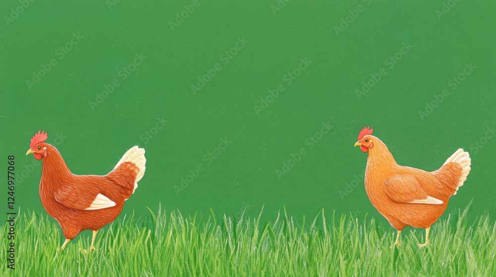 Fototapeta premium Chickens walking in green grass, enjoying sunny day outdoors