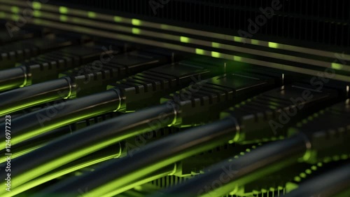 High-quality close-up of multiple network cables plugged into a server rack with glowing green LED lights.