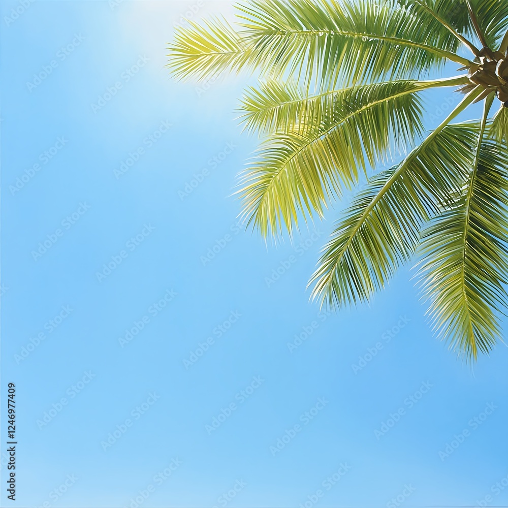 Lush Green Palm Tree Against a Vivid Blue Sky Lush Green Palm Tree Against a Vivid Blue Sky