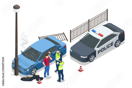 Car crash. A car crashed into a street lamp on the side of the road. Police officers are inspecting the scene while the driver appears stressed