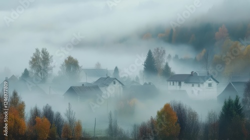 Misty Village in Autumn