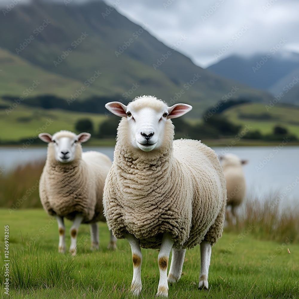Fototapeta premium Serene Rural Landscape with Sheep by the Lake
