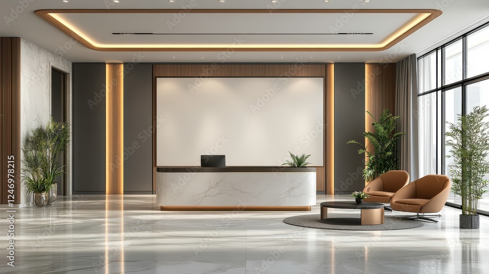 Fototapeta premium A modern reception area featuring a sleek desk, stylish chairs, plants, and ample natural light, creating a welcoming atmosphere.