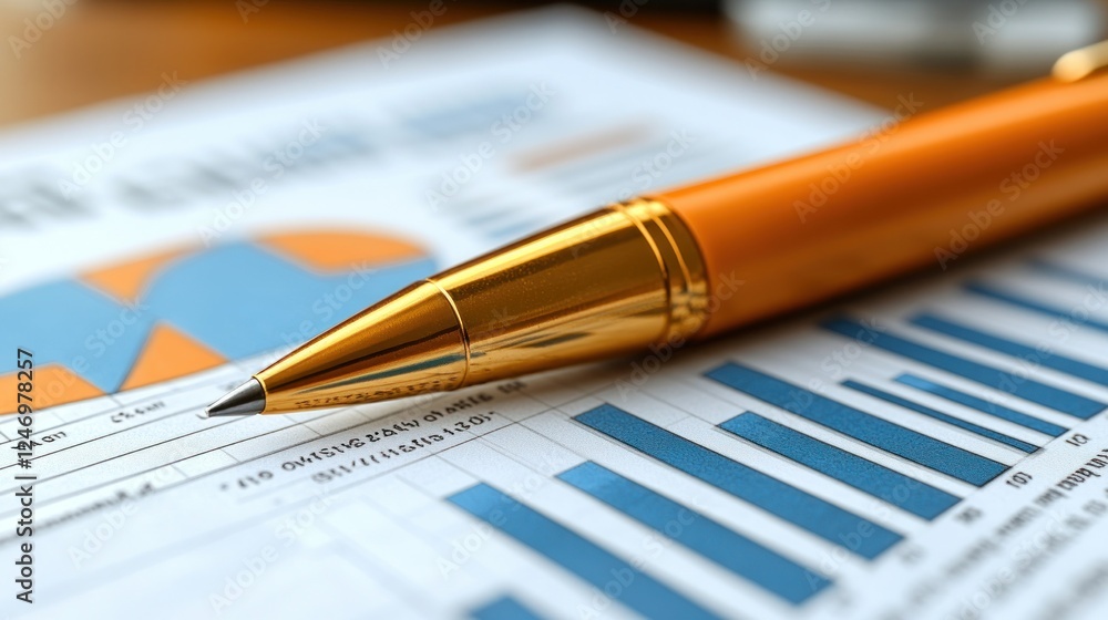 Orange pen on financial charts, office desk Orange pen on financial charts, office desk