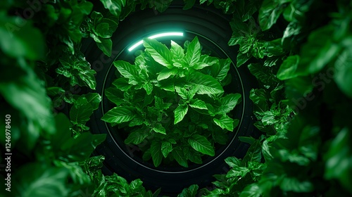 Lush Green Plant in Futuristic Circular Frame