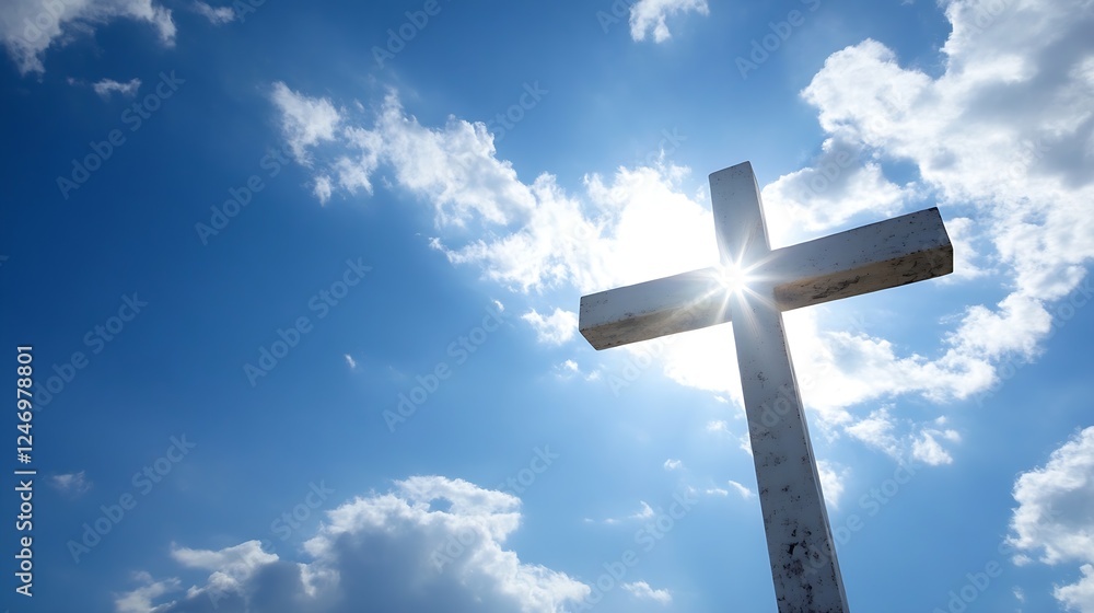 Majestic cross against a radiant blue sky with sunburst symbolizing faith hope and divine inspiration : Generative AI Majestic cross against a radiant blue sky with sunburst symbolizing faith hope and divine inspiration : Generative AI