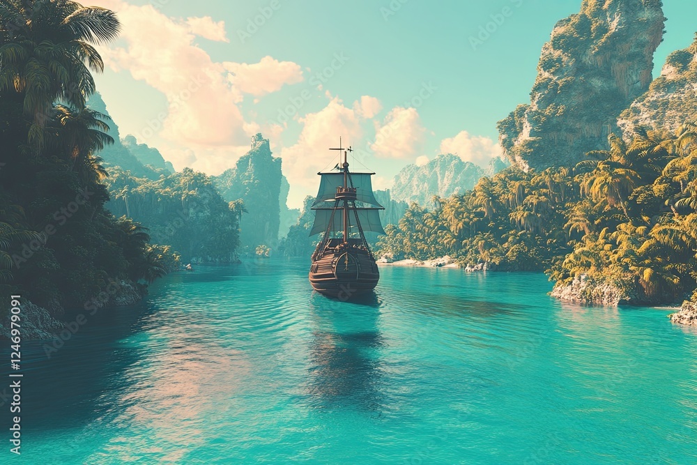 Obraz premium Image of a grand pirate ship traversing the Caribbean waters