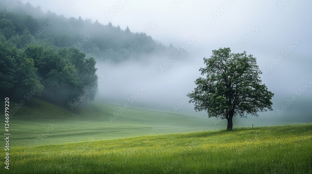 Misty Morning Landscape with a Solitary Tree Misty Morning Landscape with a Solitary Tree