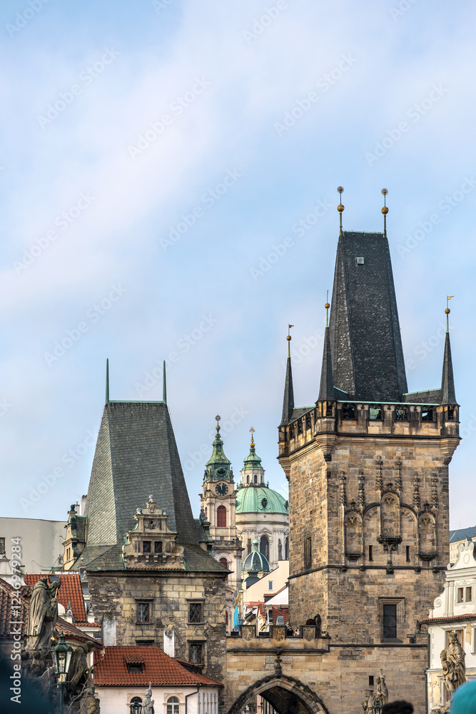 Fototapeta premium Historical Gothic Medieval Prague castle and church complex, St. Vitus Cathedral, Charles Bridge, astronomical clock, Basilica of St. George, Unesco city tourism