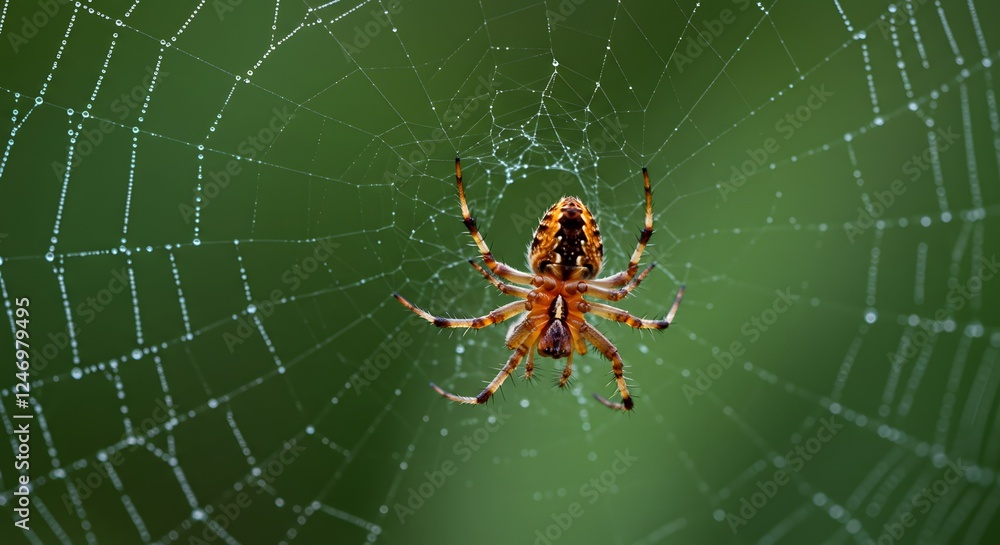 Intricate Spider Web Glimmering with Dew Drops in Nature Intricate Spider Web Glimmering with Dew Drops in Nature