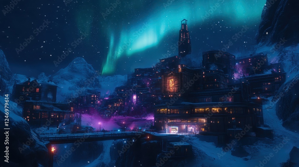 A serene, snowy village illuminated by a vibrant aurora borealis, creating a magical atmosphere in the night sky. A serene, snowy village illuminated by a vibrant aurora borealis, creating a magical atmosphere in the night sky.