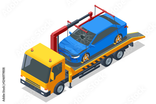 Isometric vector illustration showing a tow truck loading a car using its crane. Ideal for depicting roadside assistance or illegal parking scenarios. Tow truck, roadside assistance