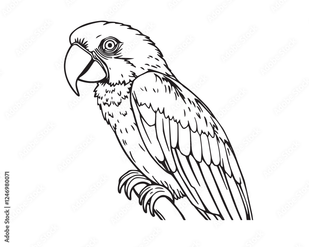 Obraz premium black and white line art Parot illustration, clear background, vector