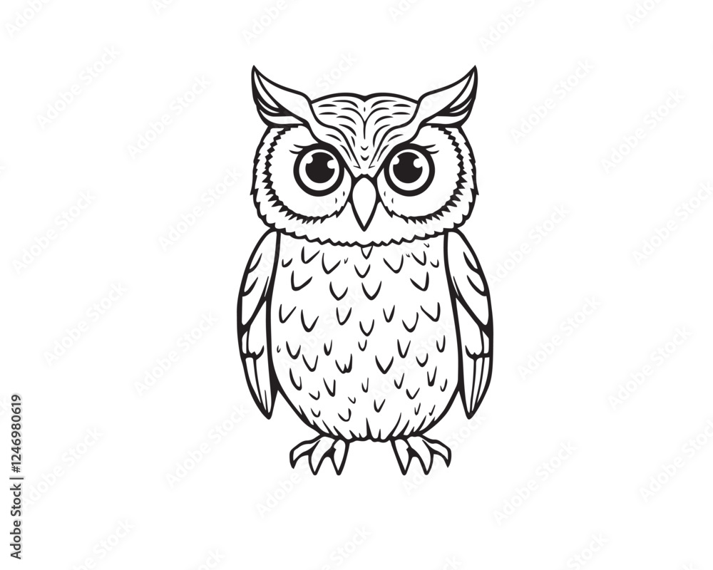 Line art illustration of an owl, rendered in black and white, vector Line art illustration of an owl, rendered in black and white, vector