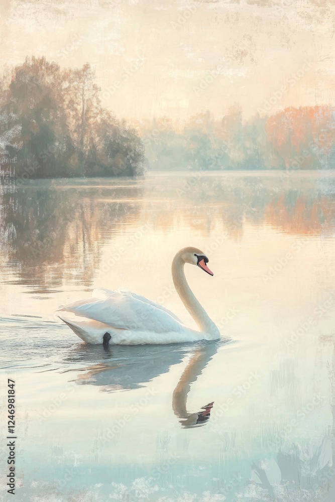 Fototapeta premium Swan floating on calm water at sunrise, with soft reflections on surface, tranquil backdrop of muted colors