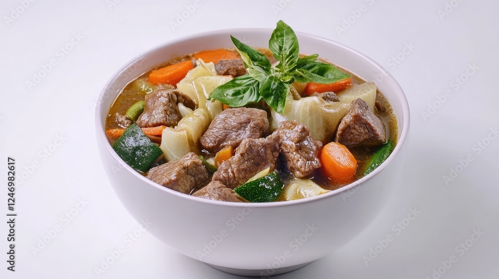 A bowl of hearty beef stew with vegetables on a white background A bowl of hearty beef stew with vegetables on a white background