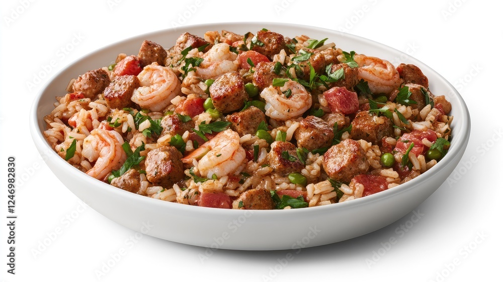 A bowl of jambalaya with sausage, shrimp, and rice on a white background A bowl of jambalaya with sausage, shrimp, and rice on a white background