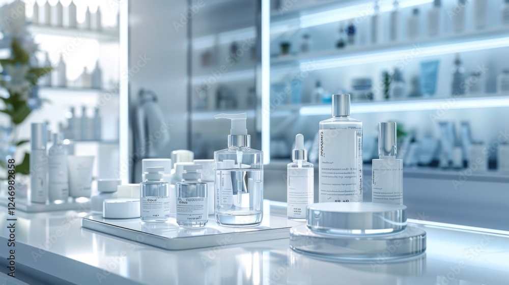 Cosmetic podium display featuring glass flask and cylinder equipment in a modern medical science lab background. 3D rendered, professional and clean Cosmetic podium display featuring glass flask and cylinder equipment in a modern medical science lab background. 3D rendered, professional and clean