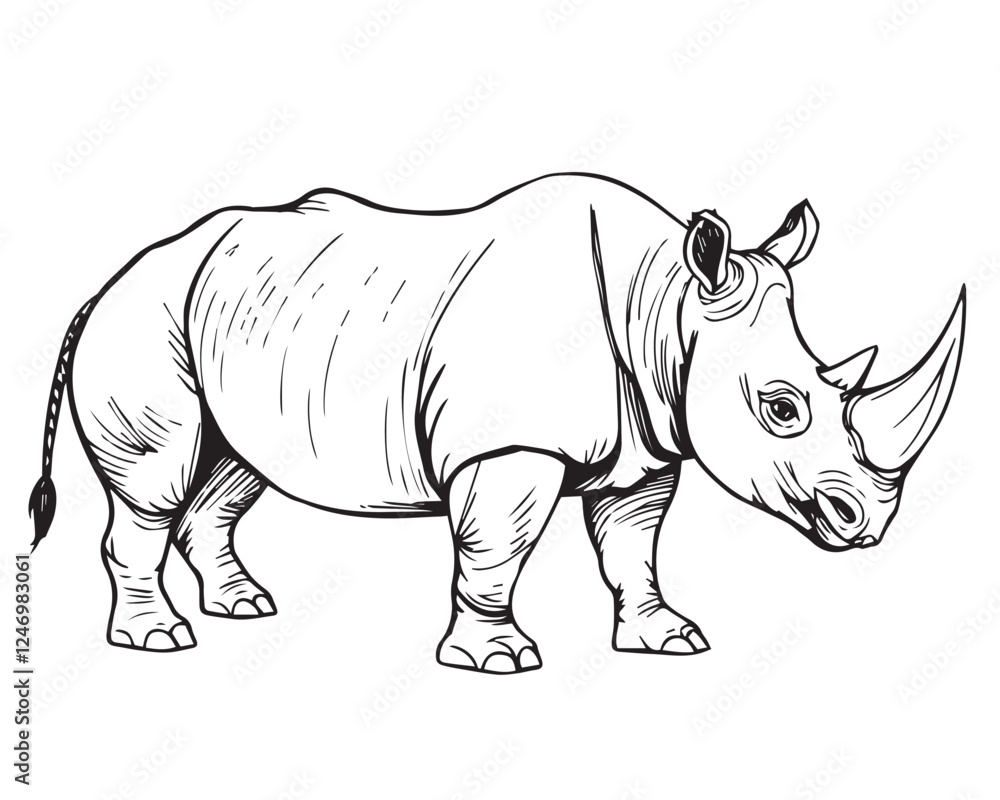 Fototapeta premium Hand drawn line art rhino sketch, black and white, vector