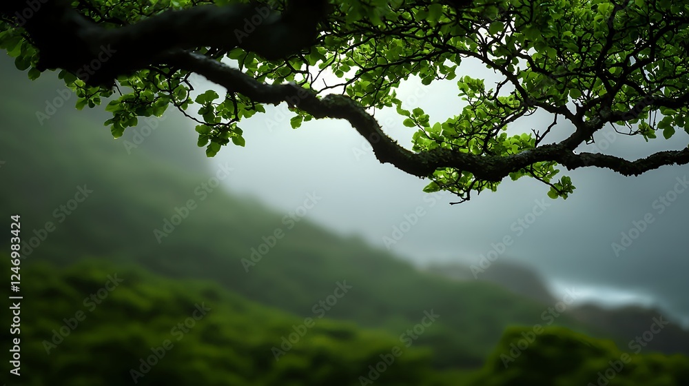 Fototapeta premium Lush Green Tree Branch Over Misty Hills
